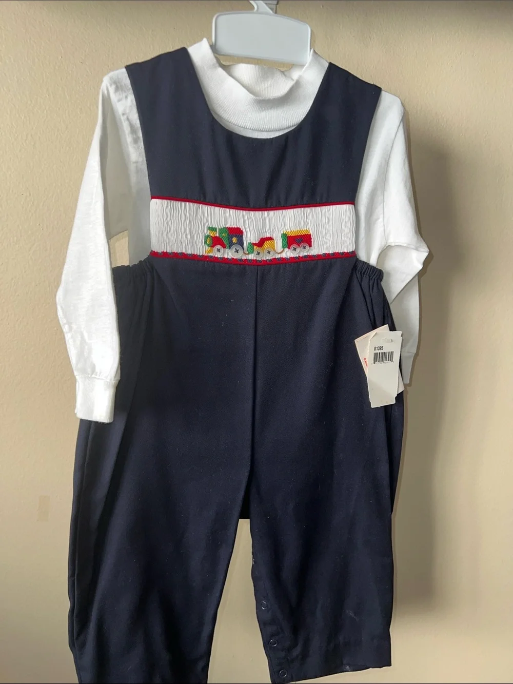 VTG 1990's Navy Hand Smocked Train Applique Baby Romper with White Shirt 18M